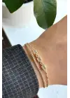 Yeni Sezon Çift Sıra Zincirli Baget Taşlı Su Yolu Garantili Kadın Çelik Bileklik Gold Kararmaz