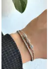 Yeni Sezon Çift Sıra Zincirli Baget Taşlı Su Yolu Garantili Kadın Çelik Bileklik Gümüş Kararmaz