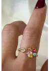 Renkli Zirkon Taşlı Zarif Lotus Çiçeği Tasarım Ayarlanabilir Kadın Çelik Yüzük Kararmaz Renk Atmaz