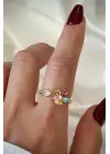 Renkli Zirkon Taşlı Zarif Lotus Çiçeği Tasarım Ayarlanabilir Kadın Çelik Yüzük Kararmaz Renk Atmaz