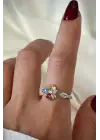 Renkli Zirkon Taşlı Zarif Lotus Çiçeği Tasarım Ayarlanabilir Kadın Çelik Yüzük Kararmaz Renk Atmaz