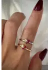 Renkli Zirkon Taşlı Zarif 3 Taşlı Tasarım Ayarlanabilir Kadın Çelik Yüzük Kararmaz Renk Atmaz