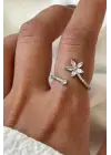 Zarif Zirkon Taşlı Sarmal Lotus Çiçeği Tasarım Ayarlanabilir Kadın Çelik Yüzük Gümüş Kararmaz