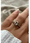 Lustre Klasik Baget Kesim Taşlı Sıra Bant Tek Taş Ayarlanabilir Kadın Çelik Yüzük Gümüş Kararmaz