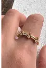 Ters Düz Baget Taşlı Ayarlanabilir Kadın Çelik Yüzük Altın Kararmaz Renk Atmaz