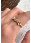 Ters Düz Baget Taşlı Ayarlanabilir Kadın Çelik Yüzük Altın Kararmaz Renk Atmaz