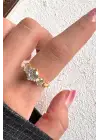 Büyük Yuvarlak Oval 3 Taş Tasarım Ayarlanabilir Kadın Çelik Yüzük Altın Kararmaz Renk Atmaz