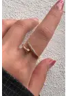 Çift Renk Modern Zirkon Taşlı Kavisli Çivi Ayarlanabilir Kadın Çelik Yüzük Kararmaz Renk Atmaz