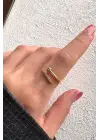 Çift Renk Modern Zirkon Taşlı Kavisli Çivi Ayarlanabilir Kadın Çelik Yüzük Kararmaz Renk Atmaz