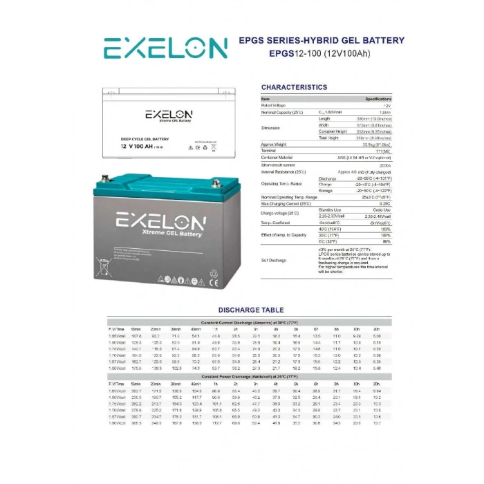 100 Amper 12 Volt Jel Akü Exelon
