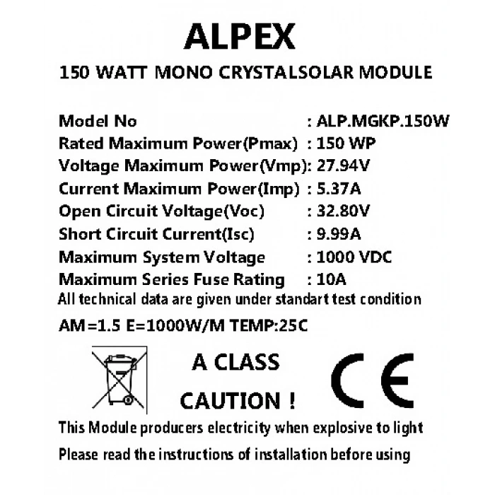 150 WATT MONOKRİSTAL GÜNEŞ PANELİ