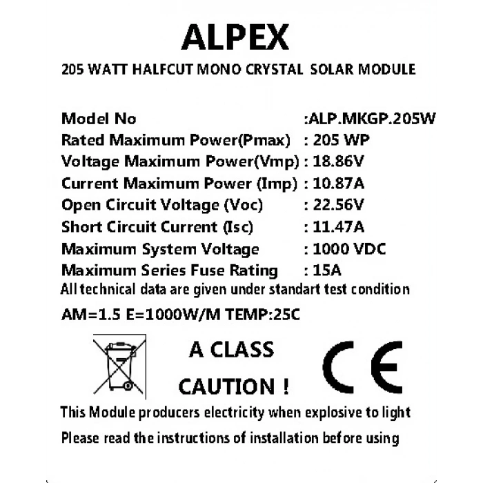 205 W HALF CUT MONOKRİSTAL GÜNEŞ PANELİ