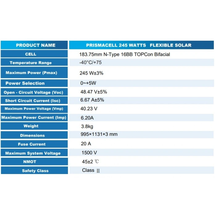250 Watt Esnek Panel TOPCon Hücreli Yüksek Performans