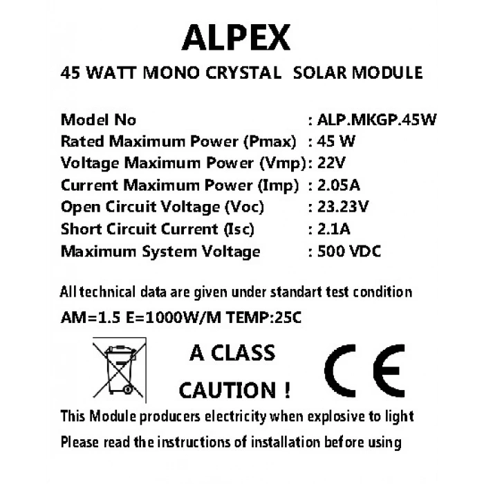 45 WATT MONOKRİSTAL GÜNEŞ PANELİ