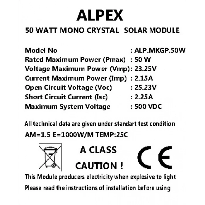 50 WATT MONOKRİSTAL GÜNEŞ PANELİ