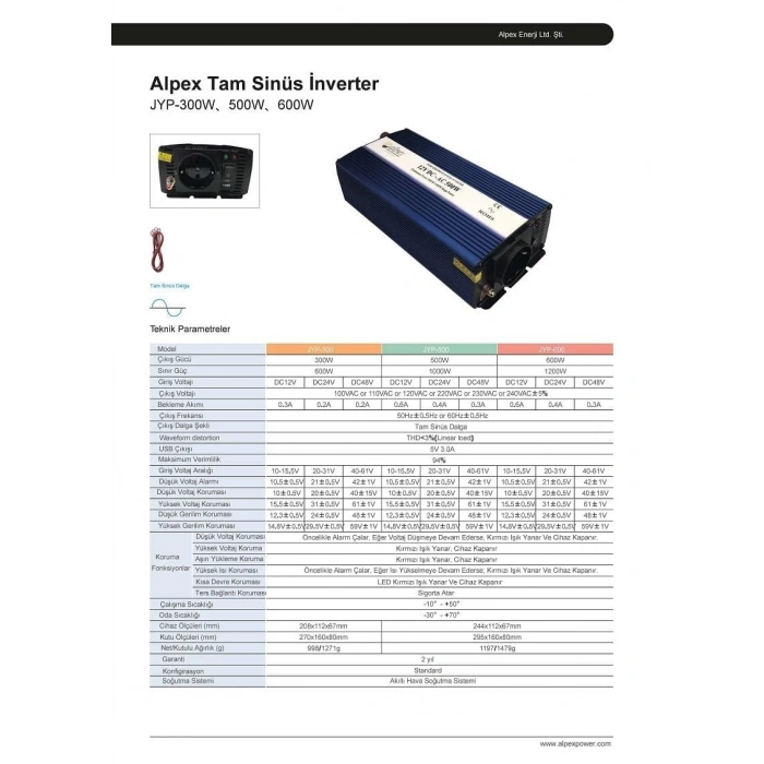 500 WATT 12 VOLT TAM SİNÜS İNVERTER