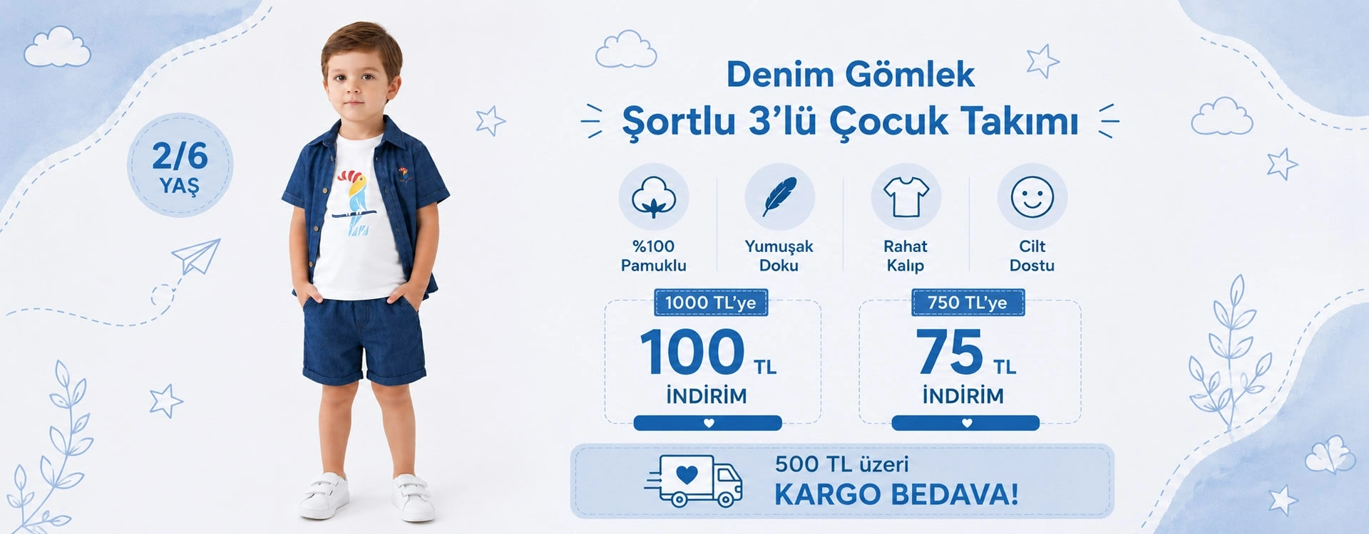 2/6 Yaş Denim Gömlek Şortlu 3lü Çocuk Takımı