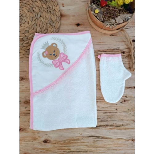 0-1 Yaş Bear Nakışlı El Keseli 2li Kız Bebek Havlu Takımı Pembe