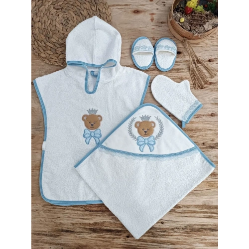 0-1 Yaş Bear Nakışlı Pareolu 4lü Erkek Bebek Havlu Silgi Takımı Mavi