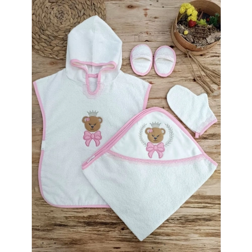0-1 Yaş Bear Nakışlı Pareolu 4lü Kız Bebek Havlu Silgi Takımı Pembe