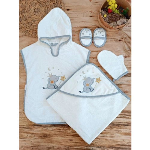 0-1 Yaş Sevimli Fil Nakışlı Pareolu 4lü Kız Erkek Bebek Havlu Silgi Takımı Ekru