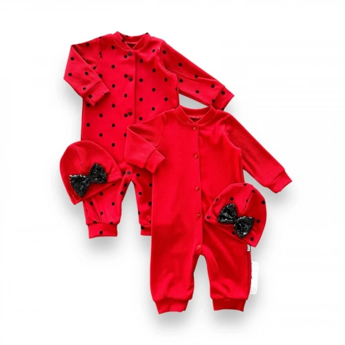 0-3 3-6 6-9 Ay Payetli Şapka Çıtçıt Kapamalı Puantiyeli Ve Düz 2 Li Kombin Kız Bebek Tulumları Kırmızı