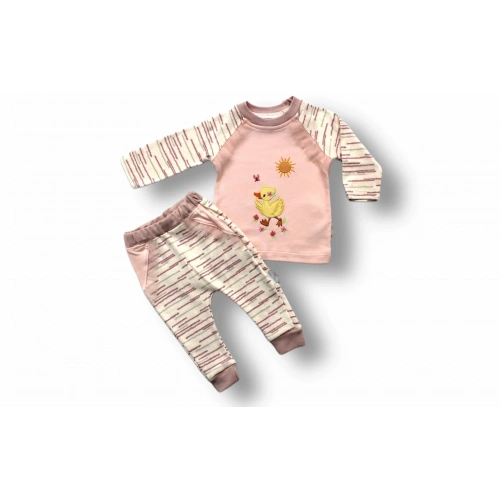 0-3 3-6 6-9 Ay Süslü Ördek Nakışlı Uzun Kollu Sweatli 2li Kız Bebek Takımı Pembe