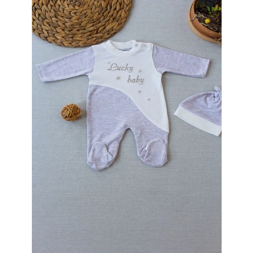 0-3 3-6 Ay Lucky Baby Nakışlı Es Çizgi Boy Şapkalı Erkek Bebek Tulumu Kahvemelanj