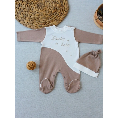 0-3 3-6 Ay Lucky Baby Nakışlı Es Çizgi Boy Şapkalı Erkek Bebek Tulumu Kahverengi