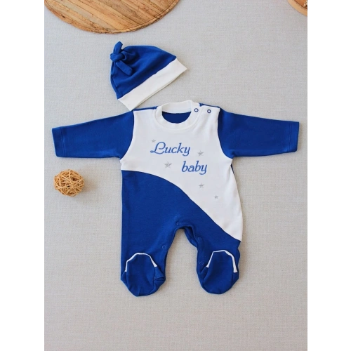 0-3 3-6 Ay Lucky Baby Nakışlı Es Çizgi Boy Şapkalı Erkek Bebek Tulumu Lacivert