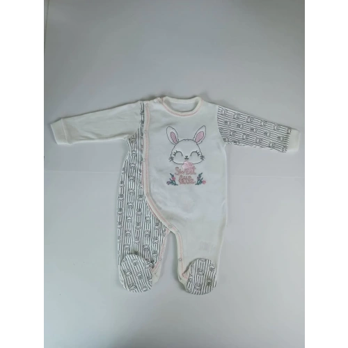 0-3 3-6 Ay Minik Tavşan Nakışlı Boydan Çıtçıt Kapamalı Kız Erkek Bebek Tulumu Ekru