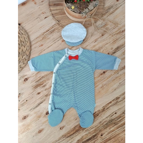 0-3 3-6 Ay Papyonlu Çizgi Desen Çıtçıt Kapama Kasketli Erkek Bebek Tulumu Lacivert