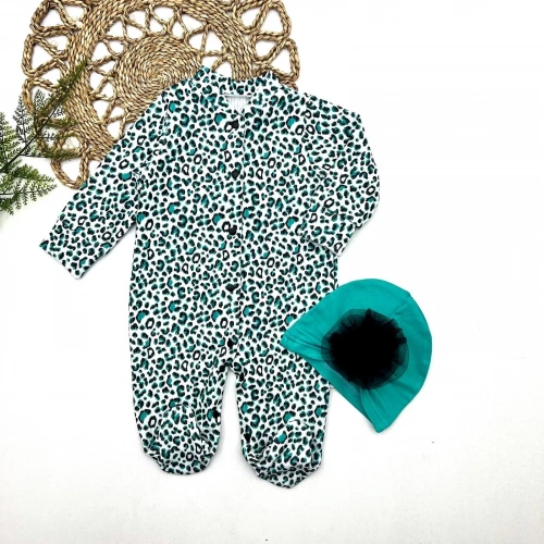 0-3-6-9 Ay Leopar Baskılı Tam Boy Çıtçıtlı Patikli Güllü Boneli Kız Bebek Tulumu Turkuaz