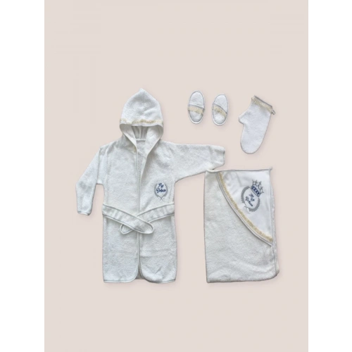 0-6 Ay Kaplan Nakışlı Bornozlu 5li Erkek Bebek Havlu Silgi Takımı Mavi