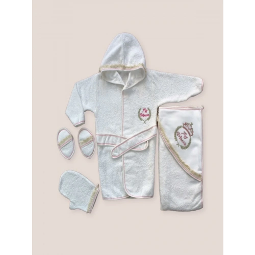 0-6 Ay Kaplan Nakışlı Bornozlu 5li Kız Bebek Havlu Silgi Takımı Pembe