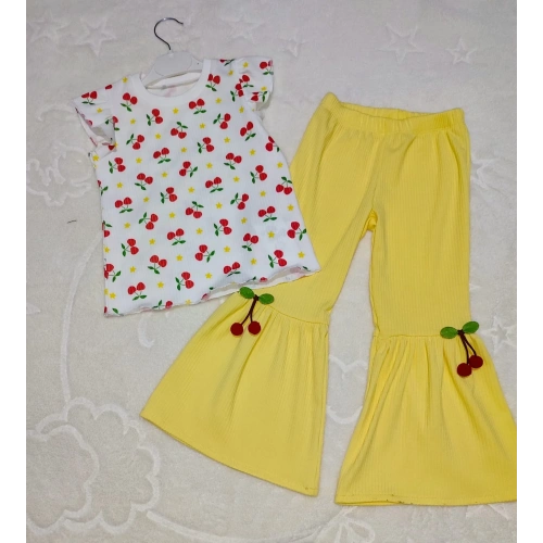 1-2-3-4 Yaş Kiraz Baskılı Tişört İspanyol Paçalı Likralı 2li Kız Çocuk Takımı Sarı