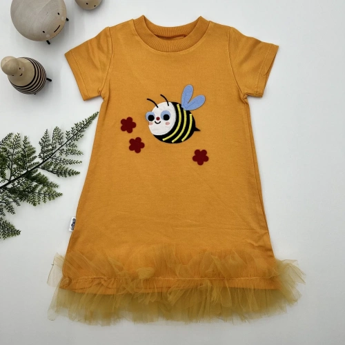 1-2-3 Yaş Arıcık Nakışlı Eteği Fırfırlı Jile Kız Çocuk Elbisesi Turuncu