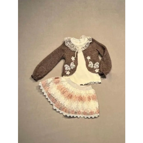 1-2-3 Yaş Brode Etekli Örme Hırkalı Uzun Kollu Sweat 3lü Kız Çocuk Takımı Kahverengi