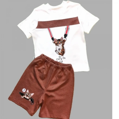1-2-3 Yaş Fermuarlı Kedi Baskılı Şortlu Kısa Kollu Tişört 2li Erkek Bebek Takımı Kahverengi