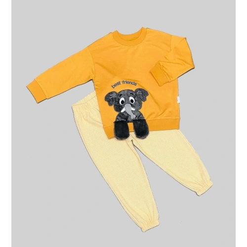 1-2-3 Yaş Filli Sallanan Ayak Desenli Likra Penye Kumaş Sweat Pantolonlu Kız Erkek 2li Çocuk Takımı Turuncu