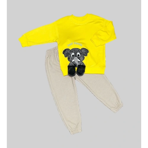 1-2-3 Yaş Filli Sallanan Ayak Desenli Likra Penye Kumaş Sweat Pantolonlu Kız Erkek 2li Çocuk Takımı Sarı