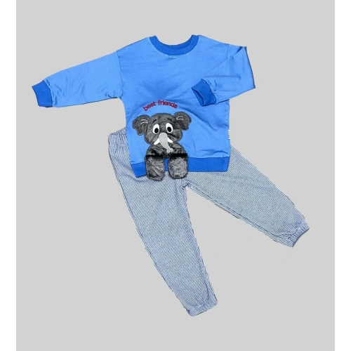 1-2-3 Yaş Filli Sallanan Ayak Desenli Likra Penye Kumaş Sweat Pantolonlu Kız Erkek 2li Çocuk Takımı İndigo