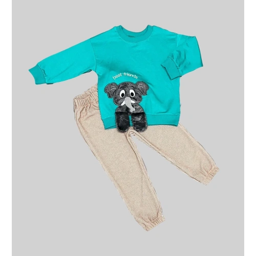 1-2-3 Yaş Filli Sallanan Ayak Desenli Likra Penye Kumaş Sweat Pantolonlu Kız Erkek 2li Çocuk Takımı Mint Yeşili