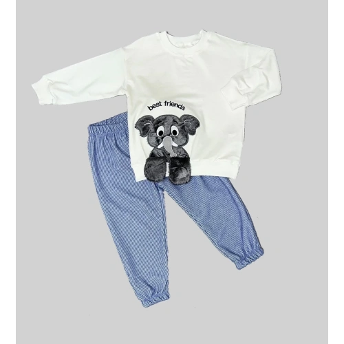 1-2-3 Yaş Filli Sallanan Ayak Desenli Likra Penye Kumaş Sweat Pantolonlu Kız Erkek 2li Çocuk Takımı Beyaz