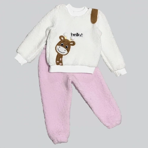 1-2-3 Yaş Hello Zürafa Nakışlı Kuzu Kumaş Sweat Pantolon Uzun Kollu Kız Erkek 2 Li Takımı Pembe