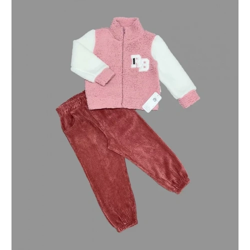 1-2-3 Yaş Kuzu Kumaş Fermuarlı Sweat Kadife Pantolonlu Uzun Kollu Kız Erkek Çocuk 2li Takım Gül Kurusu