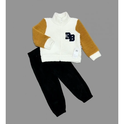 1-2-3 Yaş Kuzu Kumaş Fermuarlı Sweat Kadife Pantolonlu Uzun Kollu Kız Erkek Çocuk 2li Takım Siyah
