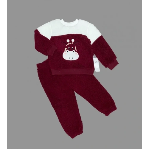 1-2-3 Yaş Ponponlu Zürafa Desenli Kuzu Kumaş Uzun Kollu 2li Kız Erkek Çocuk Takımı Bordo