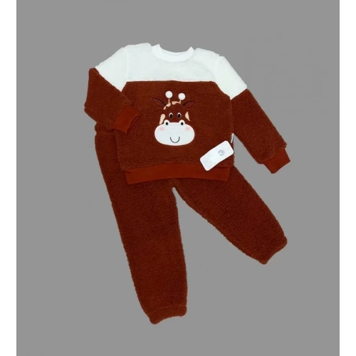 1-2-3 Yaş Ponponlu Zürafa Desenli Kuzu Kumaş Uzun Kollu 2li Kız Erkek Çocuk Takımı Kahverengi