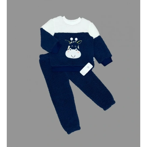 1-2-3 Yaş Ponponlu Zürafa Desenli Kuzu Kumaş Uzun Kollu 2li Kız Erkek Çocuk Takımı Lacivert